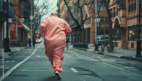 A man in a pink sweatshirt and pants runs down a city street. The scene is lively and energetic, with cars and other vehicles moving around him. The man's outfit is bright and eye-catching