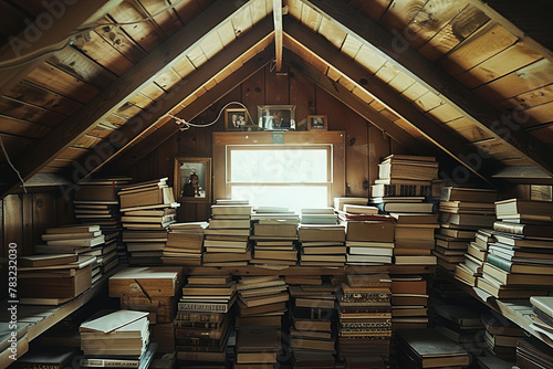 A cozy attic filled with dusty boxes of heirlooms. A person sifts through old photographs and trinkets, reconnecting with family history. photo
