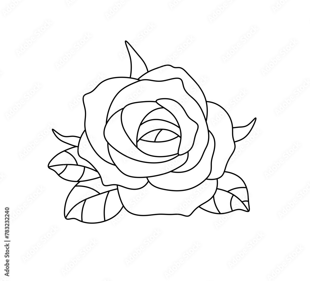 Vector isolated one single rose flower with leaves colorless black and ...