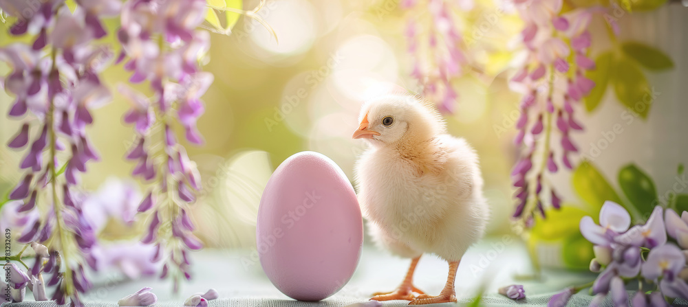 Easter Egg and Adorable Chick Amidst Lush Wisteria