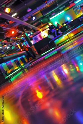 1970s roller disco: Colorful lights illuminate the rink as skaters groove to disco beats, embracing the funky fashion. © Degimages