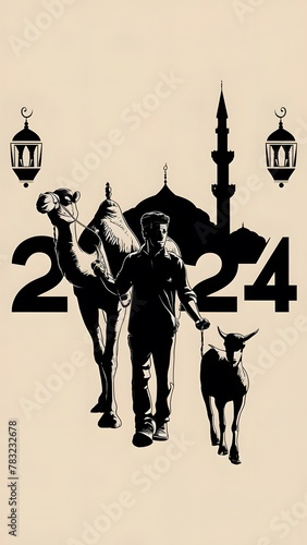 In the image, a man is leading a camel and a goat. The year 2024 can be seen in the middle of the image. The background features a mosque silhouette