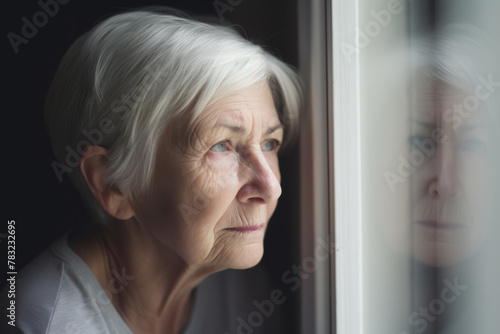 Depressed old lady at home feeling alone. Elderly woman looks sadly through window. Sad grandma grieving, suffering from anxiety, grief, sorrow or disease. Solitude, loneliness, mourning concept