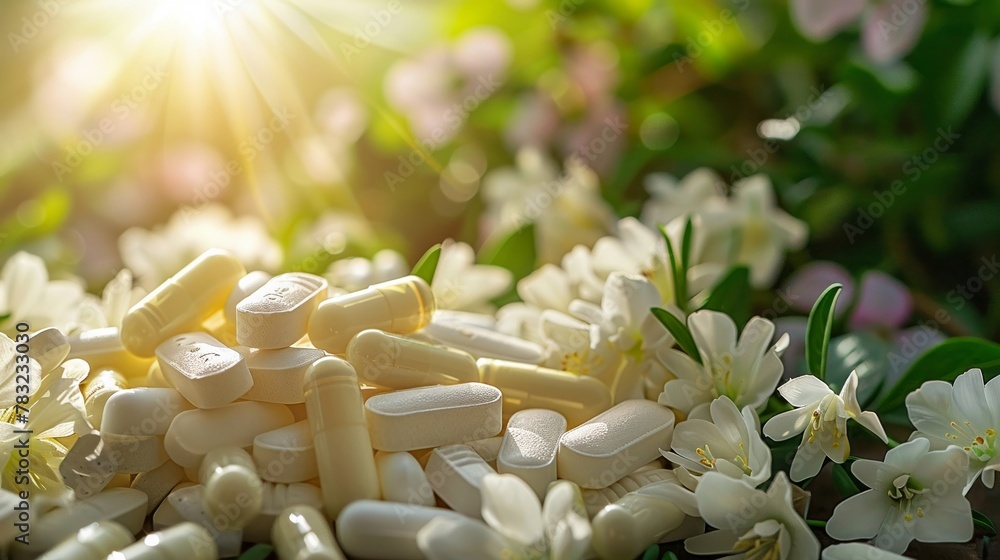 Melatonin Supplements against The Concept of God as a Source of Ultimate Truth and Wisdom, peaceful enlightenment in soft background with nature Melatonin Supplements against The Concept of God as a Source of Ultimate Truth and Wisdom, peaceful enlightenment in soft background with nature