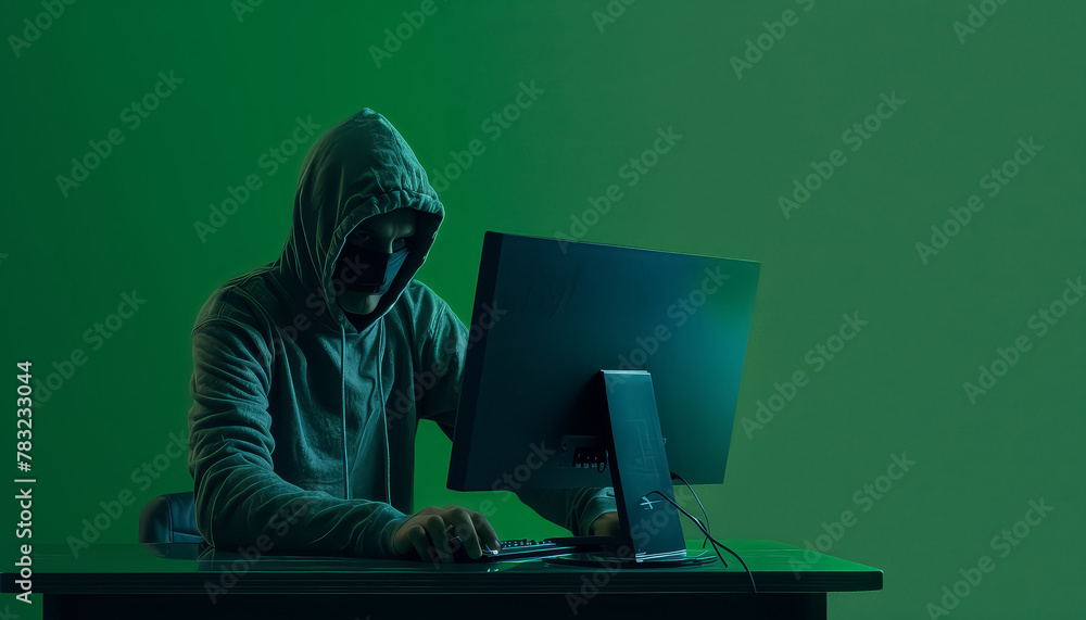 A man in a hoodie is sitting at a computer with a mask on A man in a hoodie is sitting at a computer with a mask on