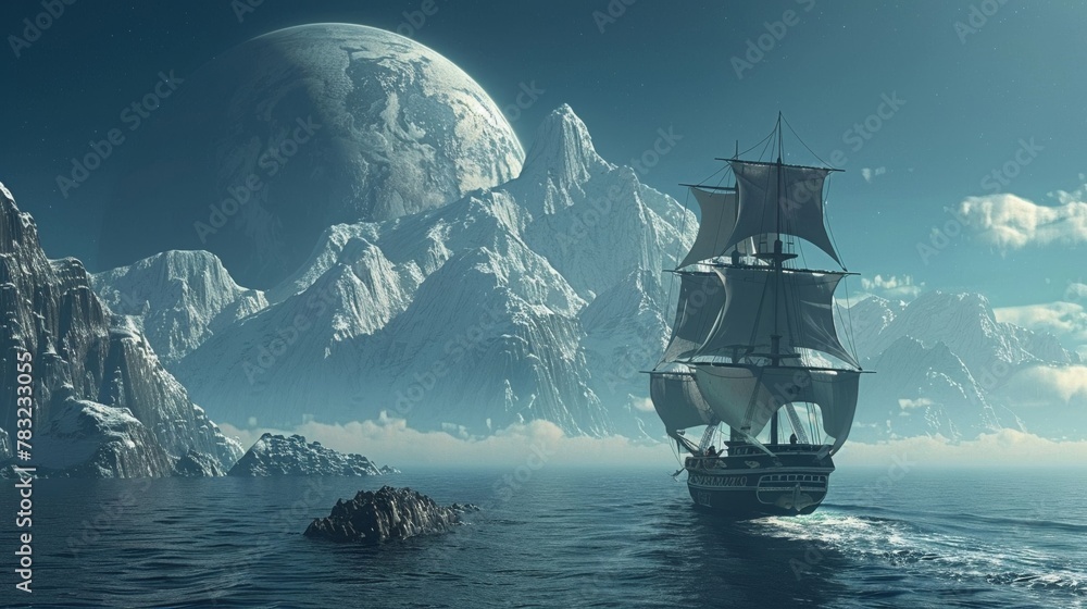 Pirates and adventures imagined on the high seas of alien planets surveyed by an exoplanet surveyor - obrazy, fototapety, plakaty 