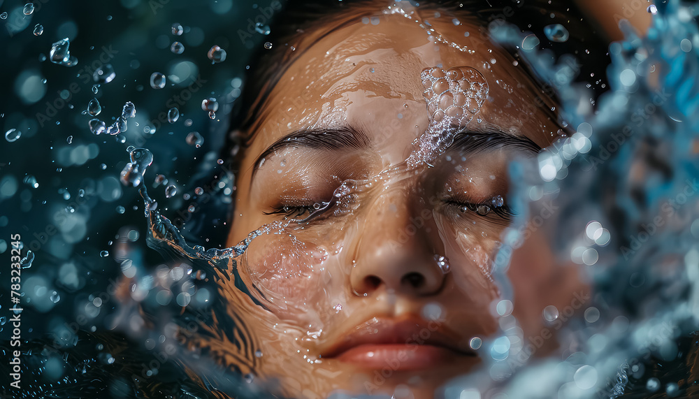 A woman is in a pool of water, and the water is splashing around her face
