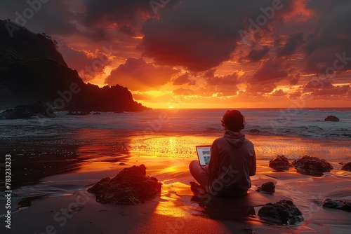 Male freelancer with laptop on the beach during sunset. Place of work of a hermit freelancer. The beach's whispers guide the female freelancer's journey, as she works till dusk. photo