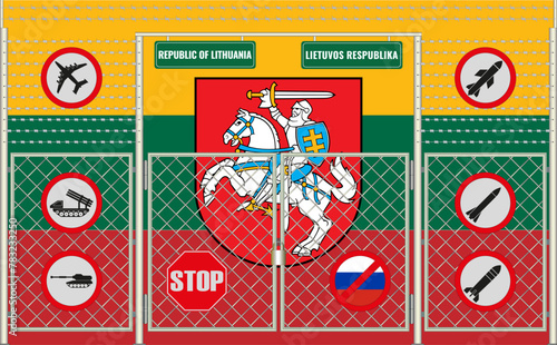 Vector illustration of Lithuania flag under the lattice. The concept of isolationism. No war