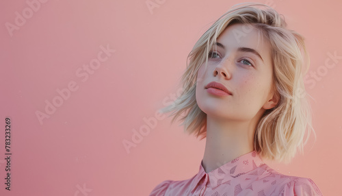 A woman with blonde hair and a pink background