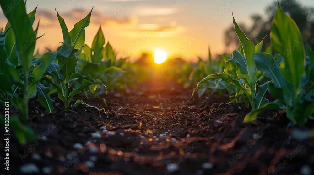 Sunset over lush garden rows: Warm sunset illuminating rows of green plants in a serene garden landscape Sunset over lush garden rows: Warm sunset illuminating rows of green plants in a serene garden landscape