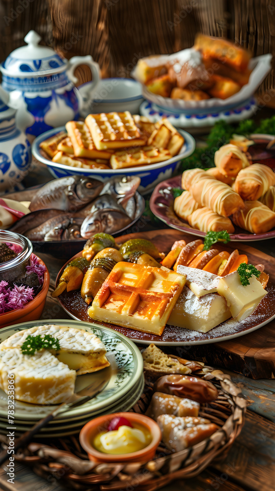 Diverse Spread of Classic Dutch Delicacies on a Rustic Wooden Table