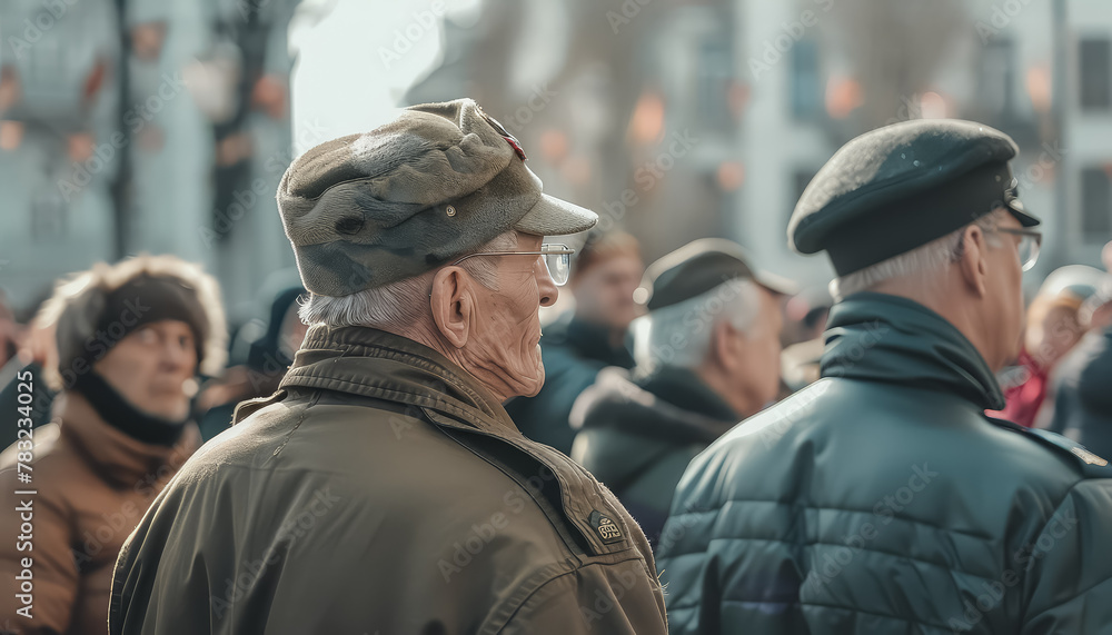 A man in a military uniform stands in front of a crowd of people A man in a military uniform stands in front of a crowd of people