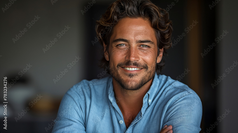Happy young smiling confident professional business man wearing blue shirt, pretty stylish male executive looking at camera, standing arms crossed at grey background concept. Happy young smiling confident professional business man wearing blue shirt, pretty stylish male executive looking at camera, standing arms crossed at grey background concept.