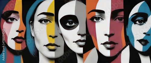 Abstract background with faces collage black and white and colours elements, psychology. © Volkan