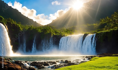 A beautiful waterfall in the middle of a lush green forest. The sun is shining brightly in the background, casting a