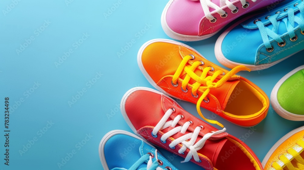 Youth athletic sneakers banner for footwear ads and retail promotions wide poster with copy space Youth athletic sneakers banner for footwear ads and retail promotions wide poster with copy space