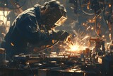 The goods and services, a person welding in the background with sparks flying from it, dark background
