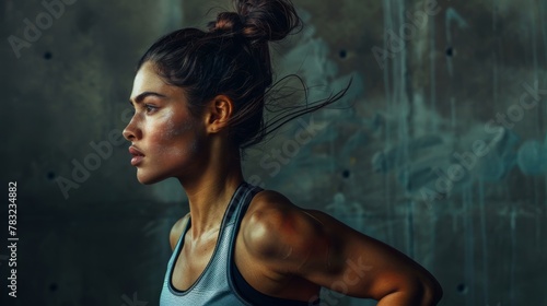 Focused athletic young woman posing in a fighter stance, showcasing strength and determination. The image features dramatic side lighting and a minimalist background emphasizing her fit physique.