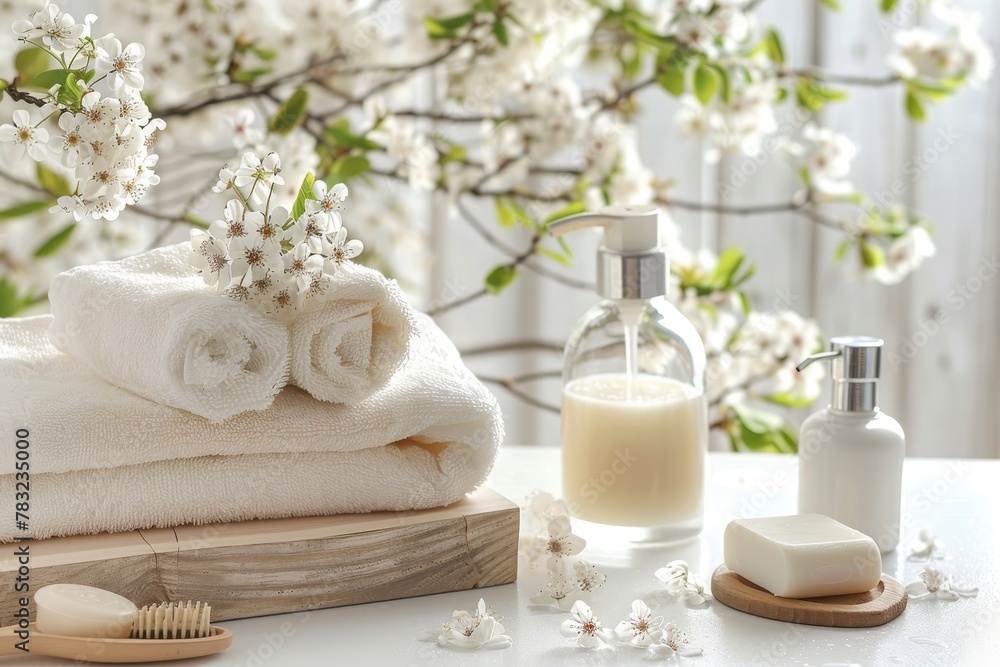 Serene spa bathroom scene with toiletries, soap, and towel on soft white background