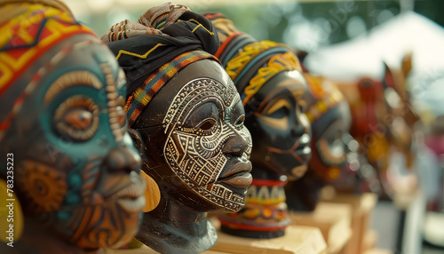 A group of African masks with colorful designs and beads