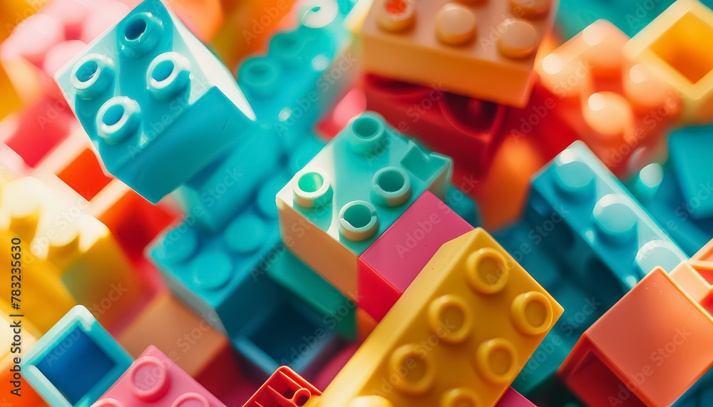 A colorful pile blocks with a city theme A colorful pile blocks with a city theme