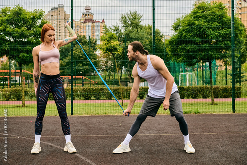 A man and a woman, both in sportswear, are fiercely working out on a sunny outdoor court. © LIGHTFIELD STUDIOS