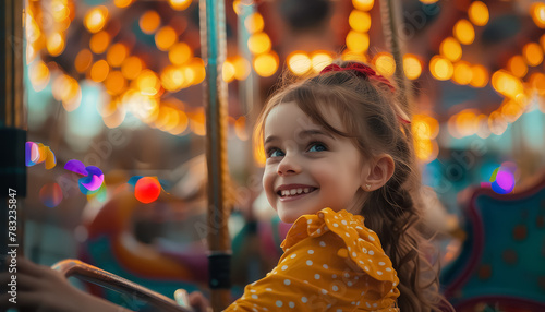 A young girl in amusement park carousel