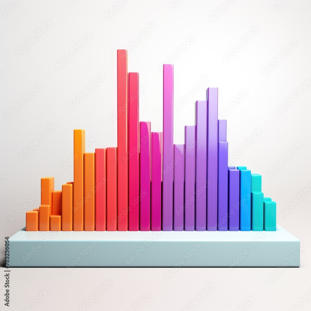 A detailed clay bar graph showing ascending progress, crafted in vibrant colors against a stark white backdrop, 3D illustration