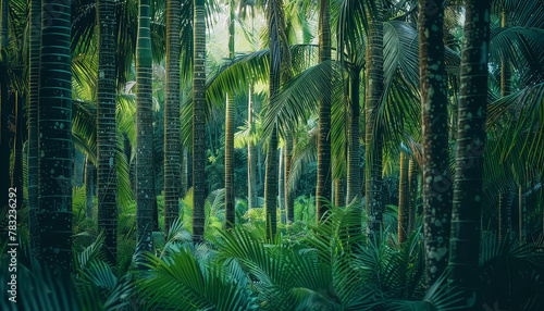 A lush green forest with palm trees and a bright sunny day © yurakrasil