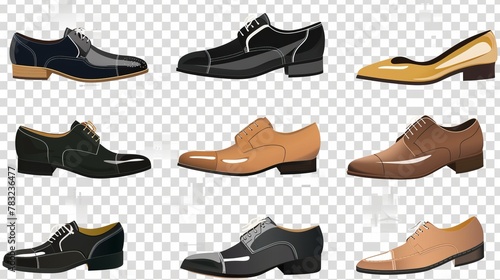 Classic formal occasion shoes cutouts in assorted styles and colors on transparent background