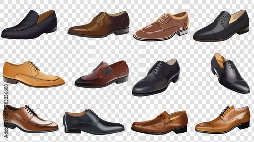 Assortment of classic formal shoes cutouts in diverse styles and colors with transparent backgrounds