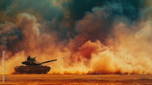 Armored tank navigating minefield in desert war invasion  epic fire scene poster with copy space photo