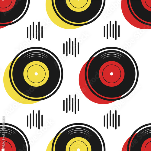 Modern trendy checkerboard pattern with vector colored vinyl discs and sound elements. Memphis style
