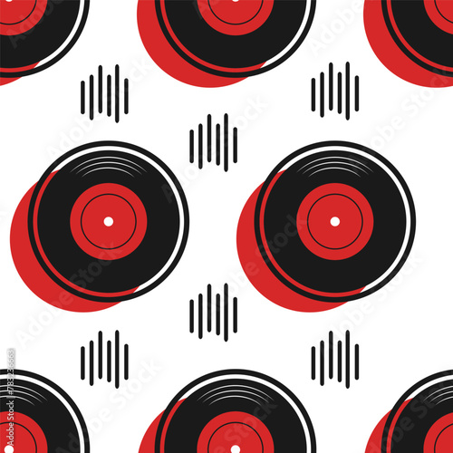Modern trendy checkerboard pattern with vector colored vinyl discs and sound elements. Memphis style