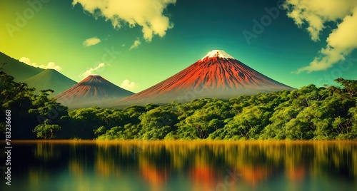 A beautiful mountain landscape with a red mountain in the background and green trees in the foreground. The sky is a