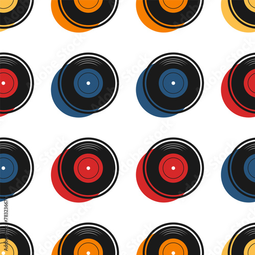 Modern trendy grid pattern with vector colored vinyl discs and sound elements. Memphis style