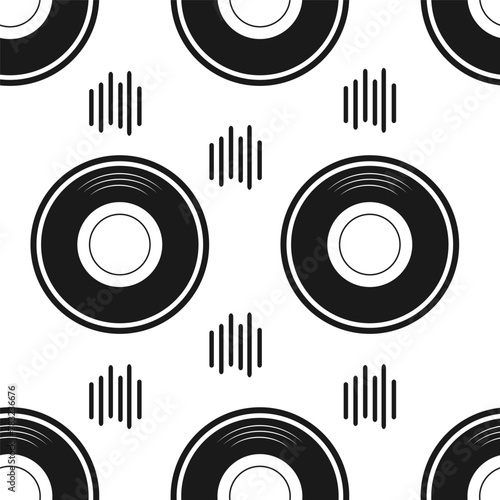 Modern trendy checkerboard pattern with vector black and white vinyl discs and sound elements. Memphis style