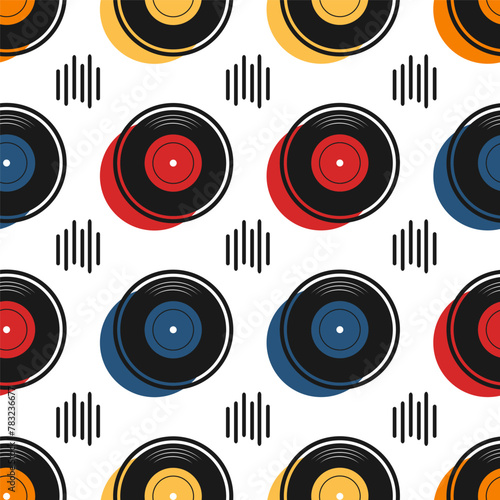 Modern trendy grid pattern with vector colored vinyl discs and sound elements. Memphis style