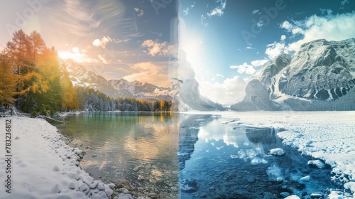 Seasonal contrast  summer vs winter in split view showing environmental climate change timeline photo