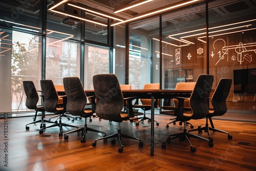 Large conference room with many chairs around a central desk located behind a transparent glass wall photo