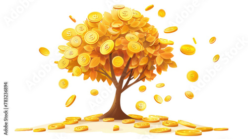 concept of money investment, savings, growth, business. A money tree with golden coin leaves falling down on transparent background photo