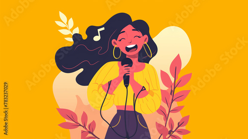 Linda mulher cantando em um microfone - Ilustração