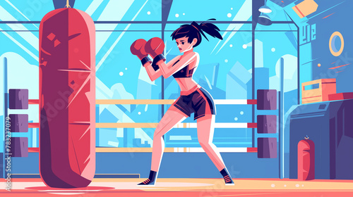 Mulher com luvas de boxe dando socos em um saco de pancada - Ilustração
 photo