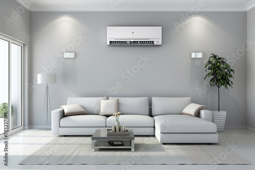 Modern living room, energy efficient air conditioner and natural fresh air for eco-friendly cooling © Daria