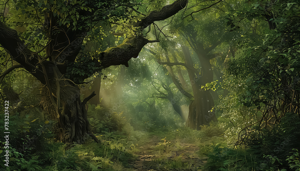 A forest with a large tree in the middle A forest with a large tree in the middle