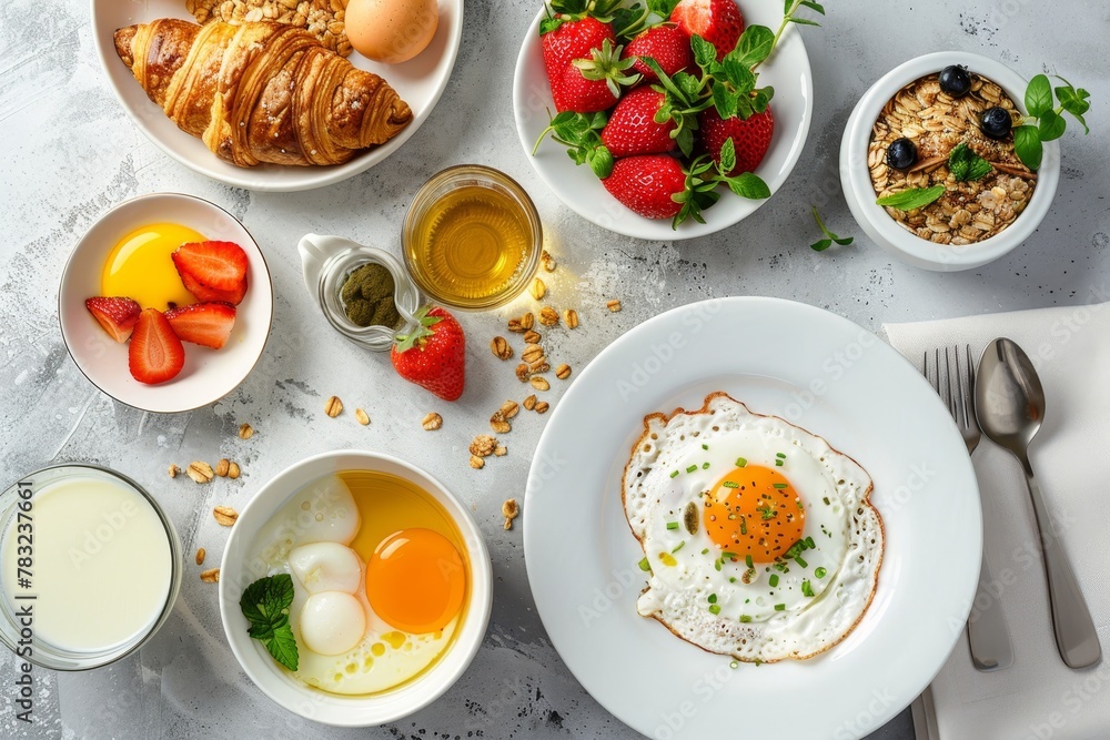 Delicious brunch spread. fried egg, croissants, granola, and fresh strawberry on breakfast table