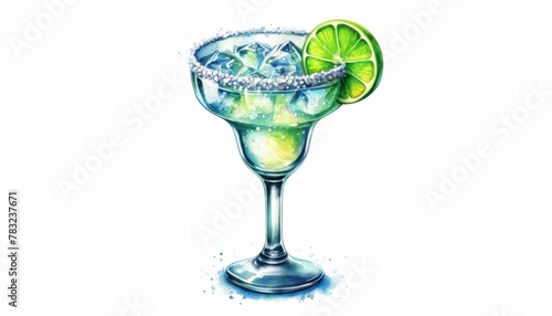 A refreshing classic margarita cocktail in a salt-rimmed glass with ice cubes and a slice of lime, ready to be enjoyed.
