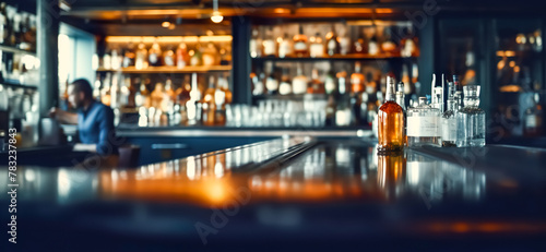Blur shot of classic luxury counter bar drink.cocktail bartender with  light gold bokeh background.beverage concepts photo