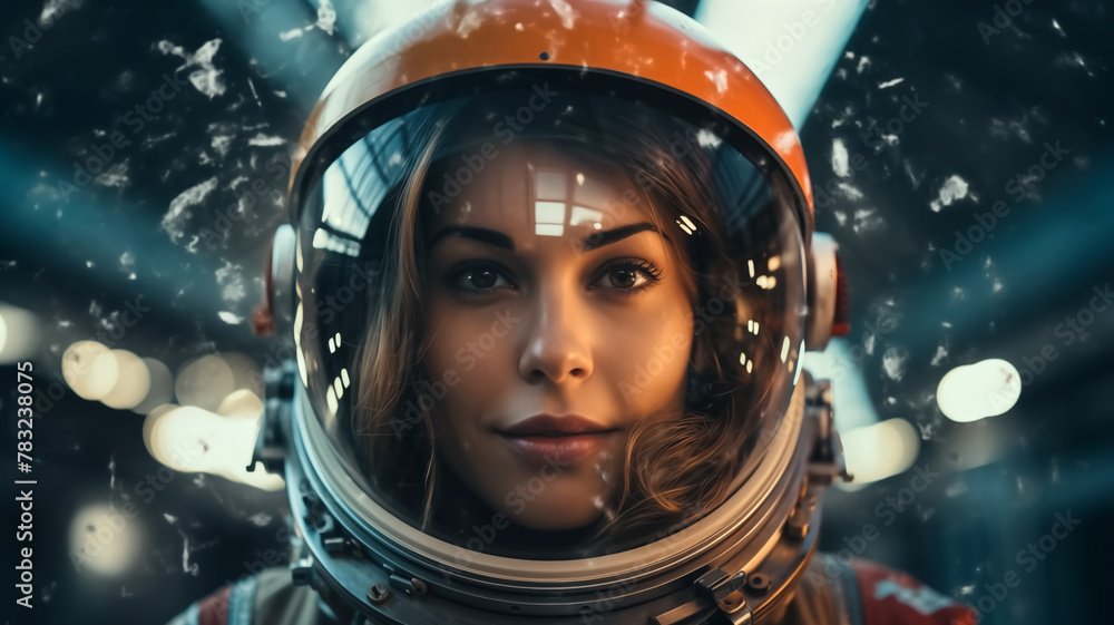 Female astronaut in space suit helmet with reflection of space. Science fiction and exploration concept. Design for movie poster, book cover, space-related promotional material Female astronaut in space suit helmet with reflection of space. Science fiction and exploration concept. Design for movie poster, book cover, space-related promotional material